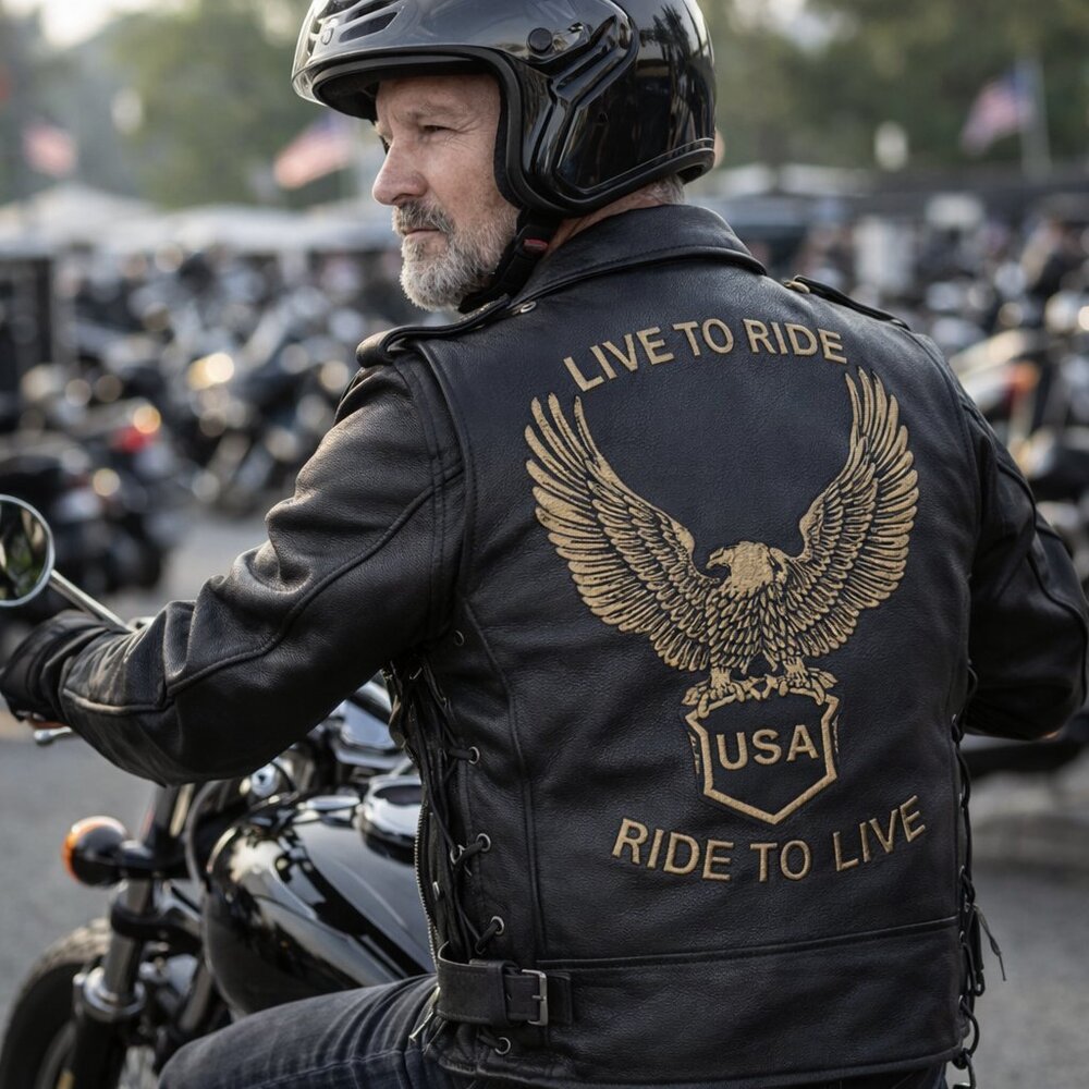 Mens Eagle Embossed Live To Ride - Ride To Live Classic Black Leather Motorcycle